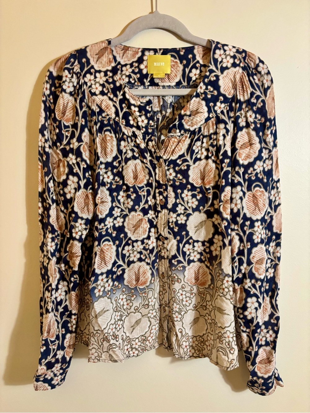 Maeve Orli Anthropologie button-down blouse top navy blue tan ombré floral print